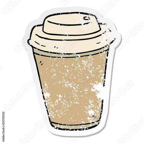 distressed sticker of a cartoon takeout coffee cup