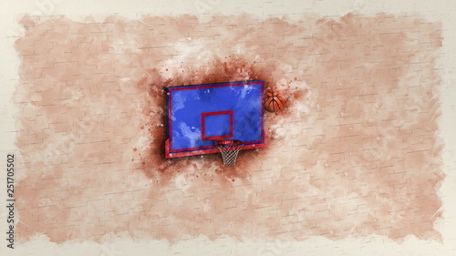 Basketball illustration combined pencil sketch and watercolor sketch. 3D illustration. 3D CG. High resolution. © DRN Studio