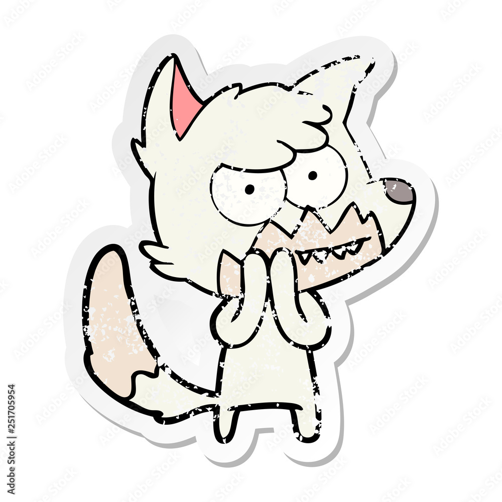 distressed sticker of a cartoon grinning fox