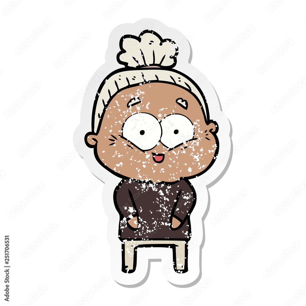 distressed sticker of a cartoon happy old woman distressed sticker of a cartoon happy old woman