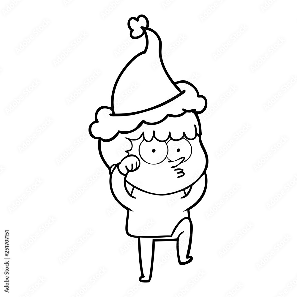 line drawing of a curious boy rubbing eyes in disbelief wearing santa hat