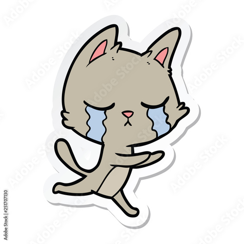 sticker of a crying cartoon cat running