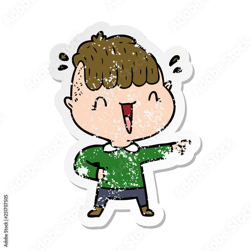 distressed sticker of a cartoon happy boy surprised
