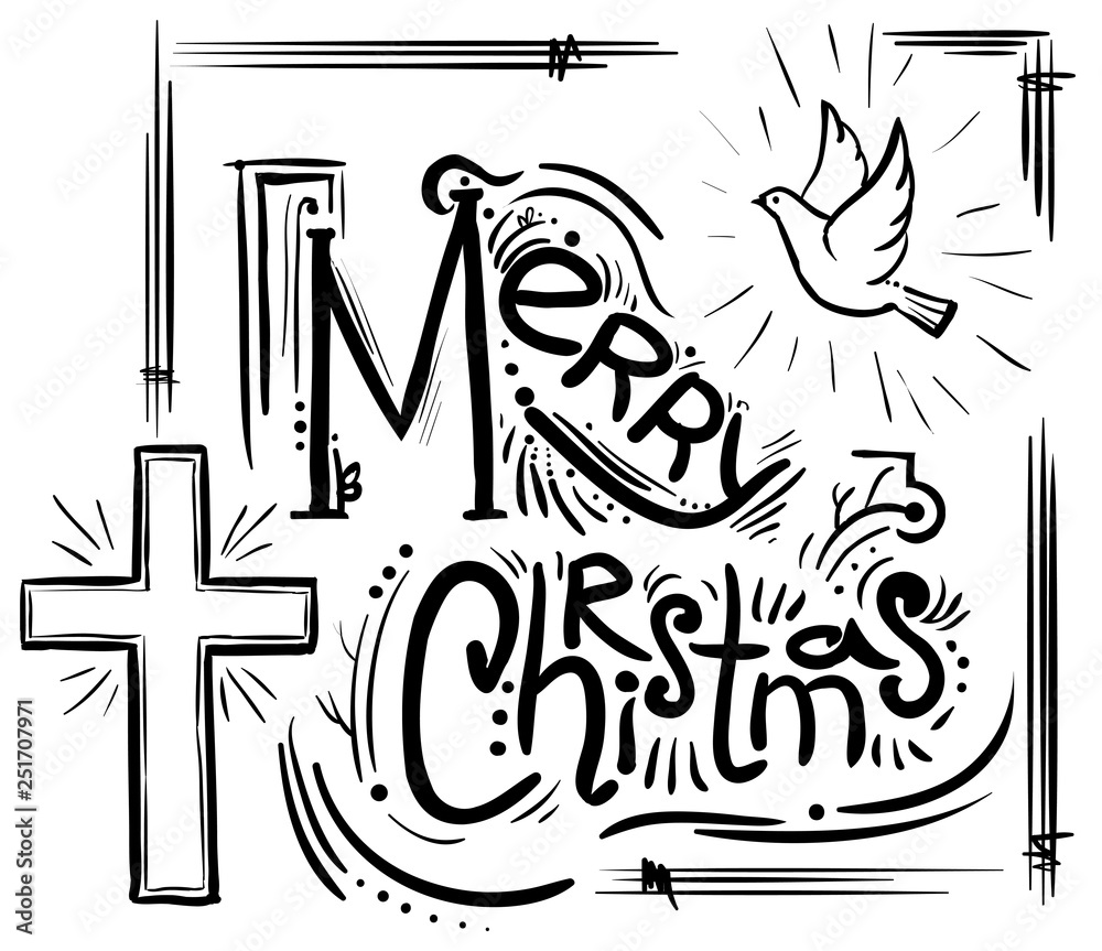 Merry Christmas card with text, cross and dove