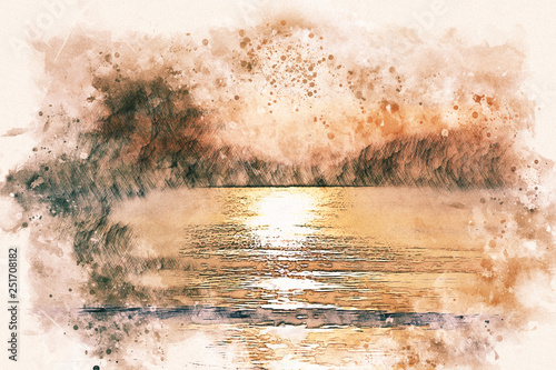 Obraz wschód słońca - odbicie w wodzie; miękka akwarela