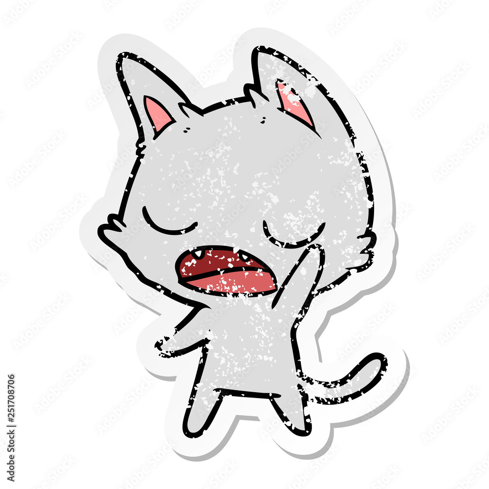 distressed sticker of a talking cat cartoon distressed sticker of a talking cat cartoon