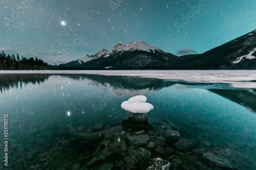 Spray Lakes at night in winter near Canmore, Alberta Canada