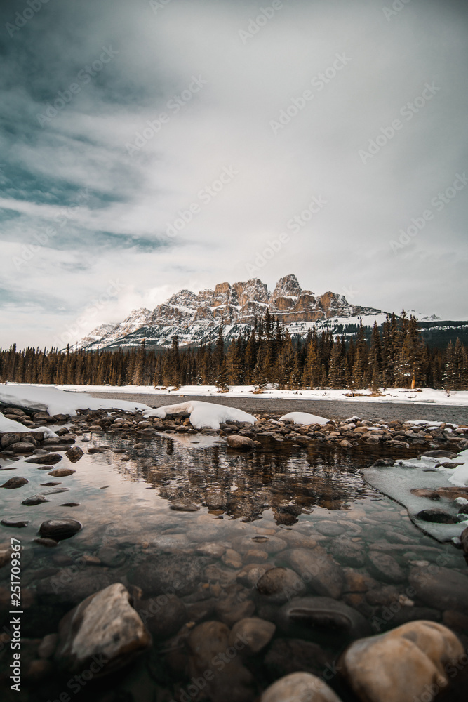 Scenic Bow river and Castle Mountain in winter, Banff National Park Alberta Canada
