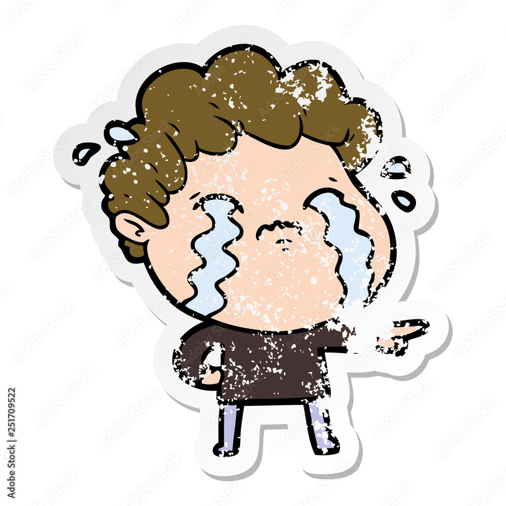 distressed sticker of a cartoon man crying distressed sticker of a cartoon man crying