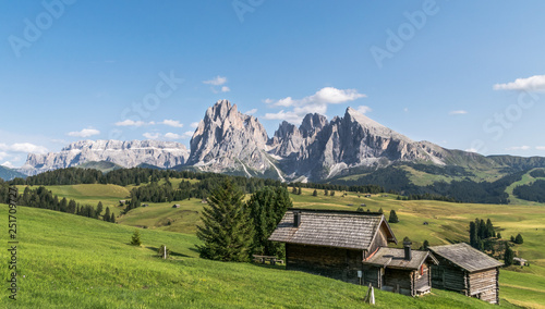 Panorama con baite in legno all Alpe di Siusi in estate  Sudtirolo italiano . Panorama estivo delle Dolomiti di seiseralm