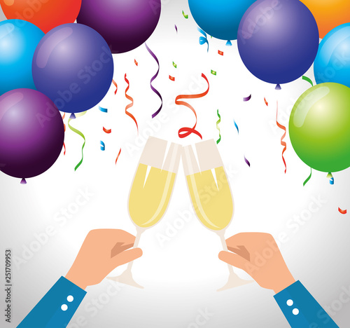 men hand with champagne and balloons with confetti