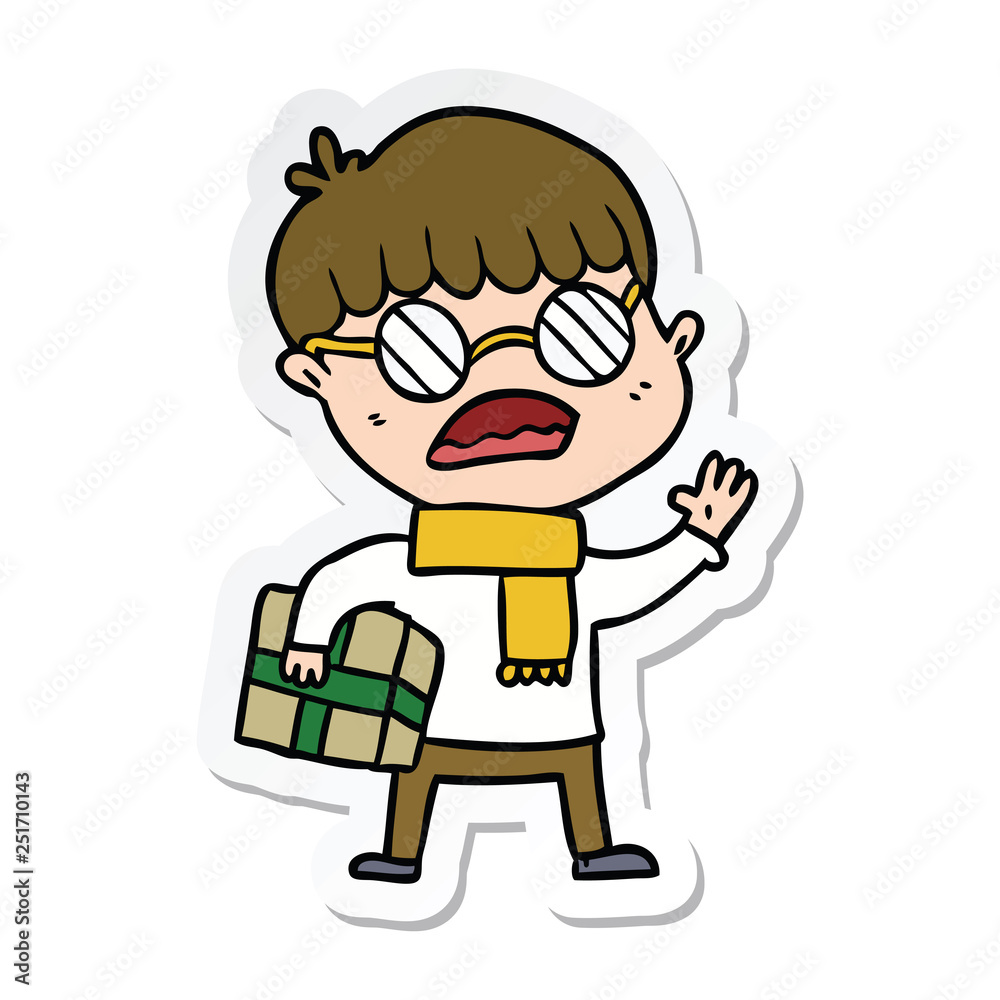 sticker of a cartoon boy holding gift and wearing spectacles