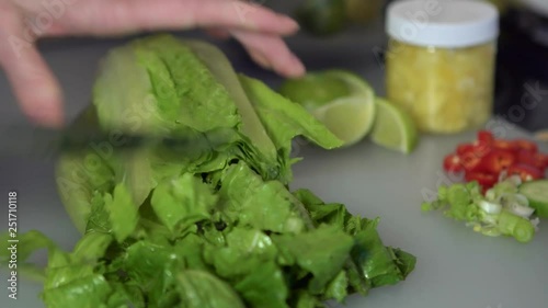 Female hands slicing romain lettuce.