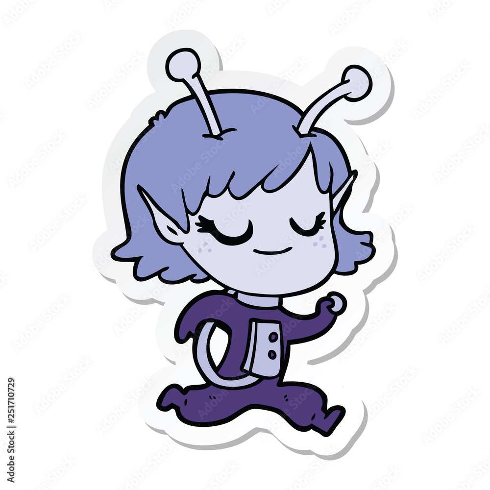 sticker of a smiling alien girl cartoon sticker of a smiling alien girl cartoon