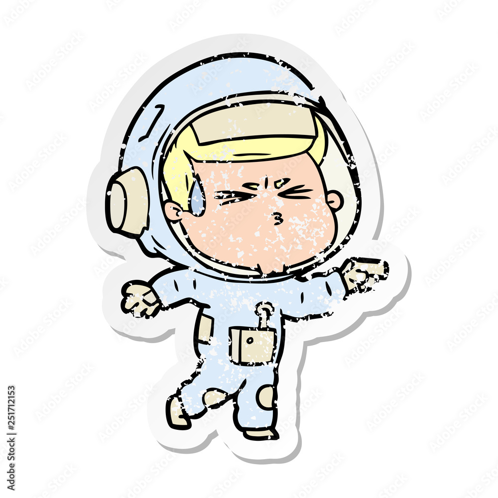 distressed sticker of a cartoon stressed astronaut