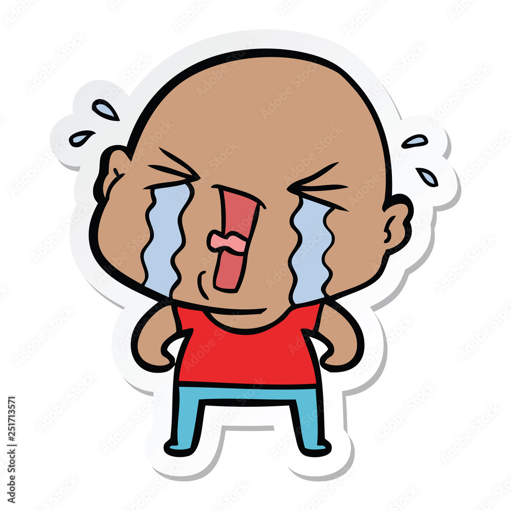 sticker of a cartoon crying bald man