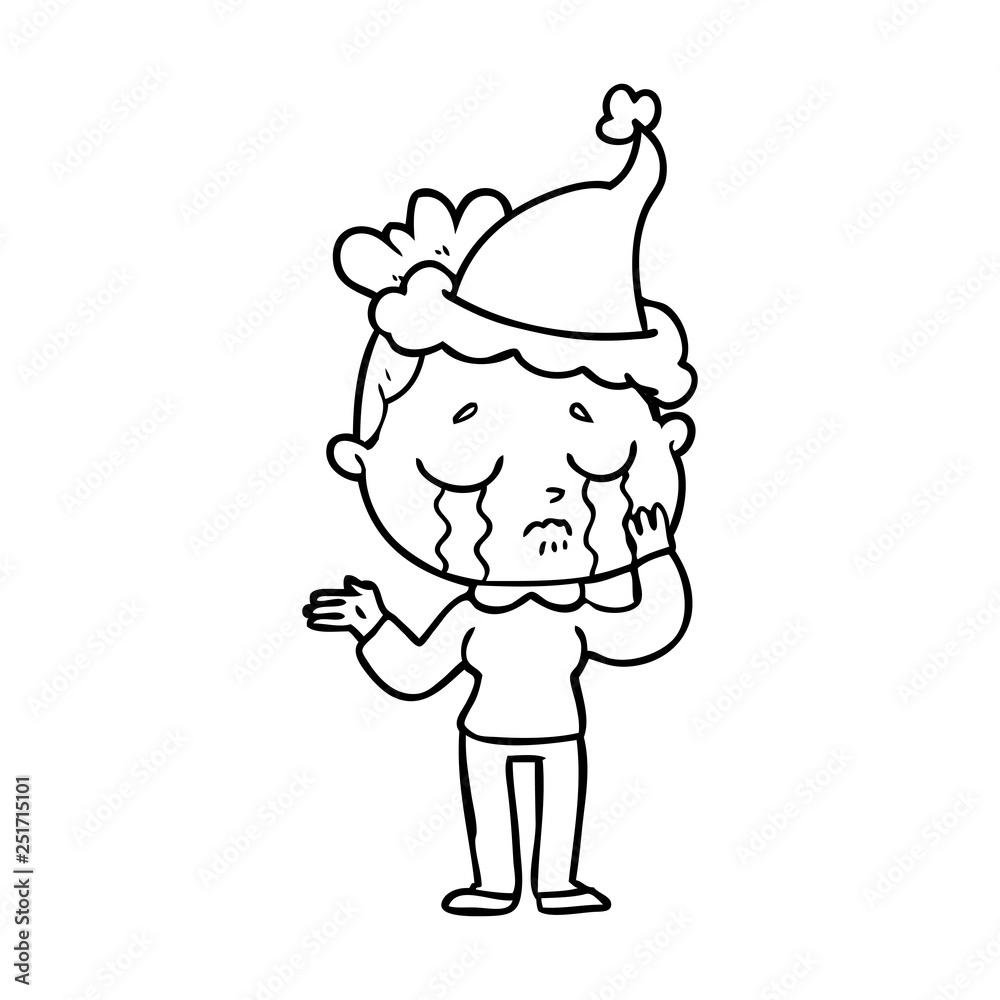Fototapeta premium line drawing of a crying woman wearing santa hat