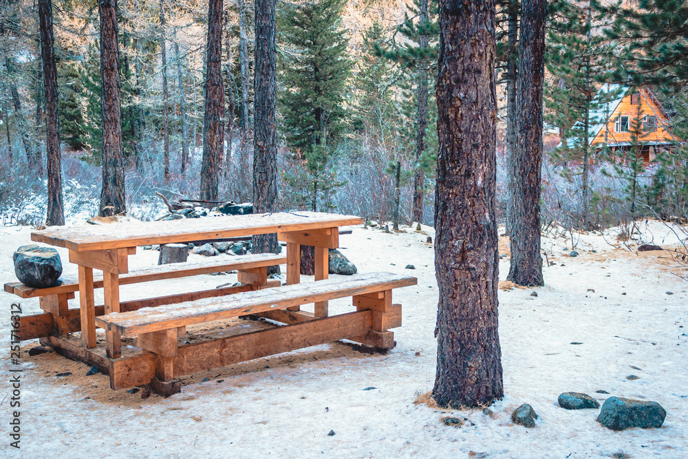 Wooden bench and table in forest. Camping in winter forest
