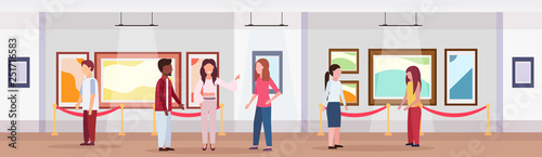 mix race visitors in modern art gallery museum interior people looking creative contemporary paintings artworks or exhibits flat horizontal banner full length
