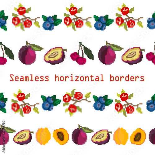 Seamless border, brush, ribbon of plum, cherry, apricot, blueberry, red berries. Pixel. Embroidery. Vector