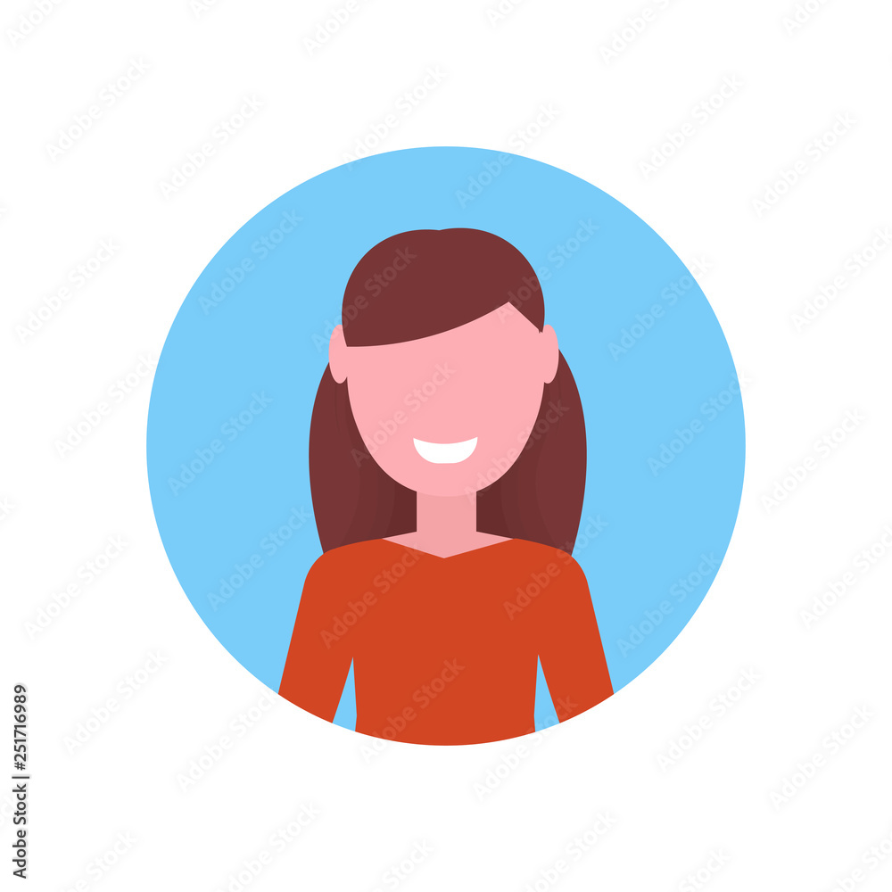 happy brown hair girl face avatar little child female cartoon character portrait flat white background