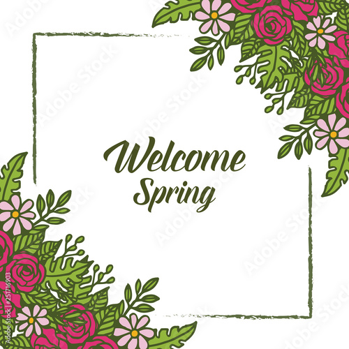 Vector illustration welcome lettering with rose red flower frame hand drawn