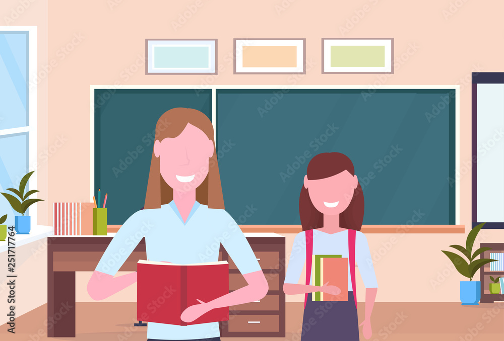 woman teacher with schoolgirl pupil standing over chalkboard modern school classroom interior female cartoon characters portrait horizontal flat woman teacher with schoolgirl pupil standing over chalkboard modern school classroom interior female cartoon characters portrait horizontal flat