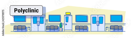 empty hospital clinic hall with seats and doors empty no people corridor polyclinic interior sketch doodle horizontal banner