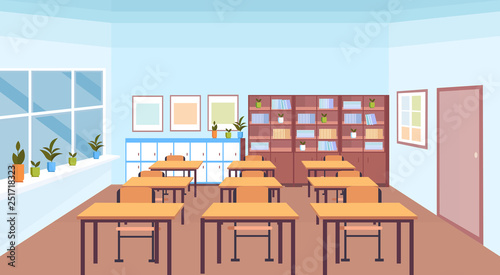 modern school classroom interior book shelf desks and chairs empty no people horizontal banner flat