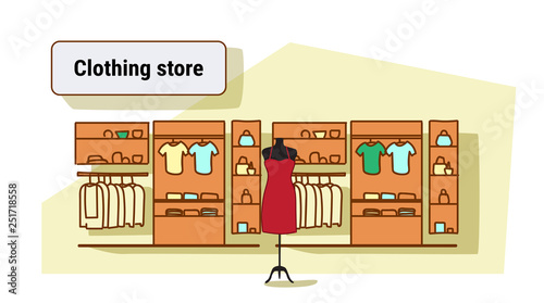 big fashion shop empty nobody super market clothing store concept female clothes shopping mall interior colorful sketch flow style horizontal