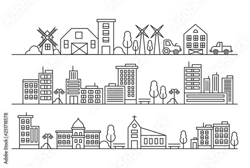ector city and Countryside Illustration in Line Style. with churches, mosques, industry and concept of estate