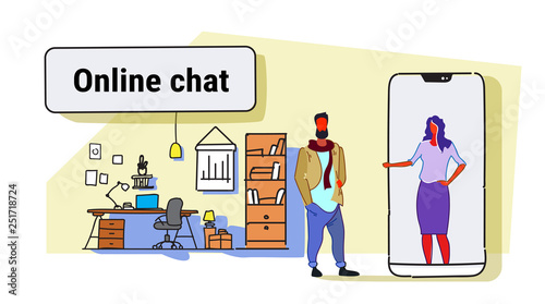 man chatting with elegant woman in smartphone screen online chat concept couple using mobile application workplace office interior colorful sketch horizontal