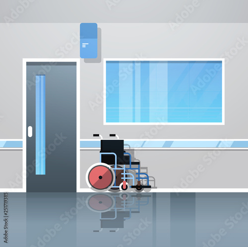 hospital corridor hall with wheelchair medical equipment empty no people clinic interior flat