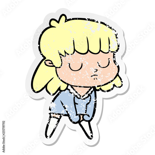 distressed sticker of a cartoon indifferent woman