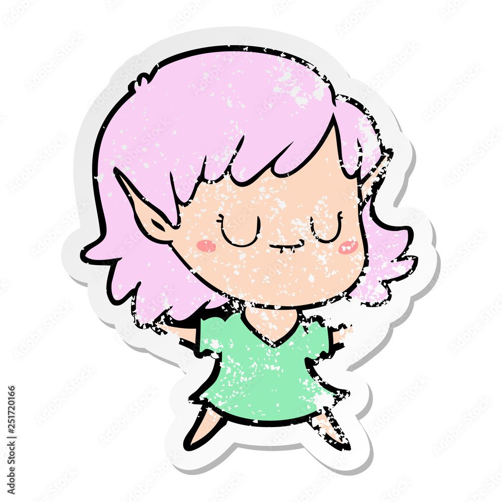 distressed sticker of a happy cartoon elf girl distressed sticker of a happy cartoon elf girl