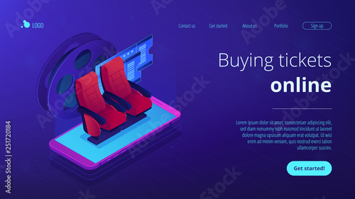 Buying tickets online isometric 3D landing page.