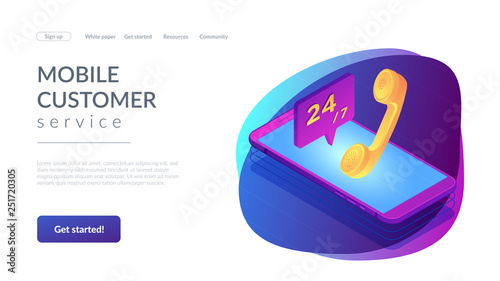 Mobile customer service isometric 3D landing page.