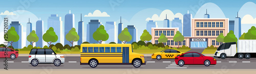 cars and bus driving asphalt road over school building exterior city urban traffic concept cityscape background flat horizontal