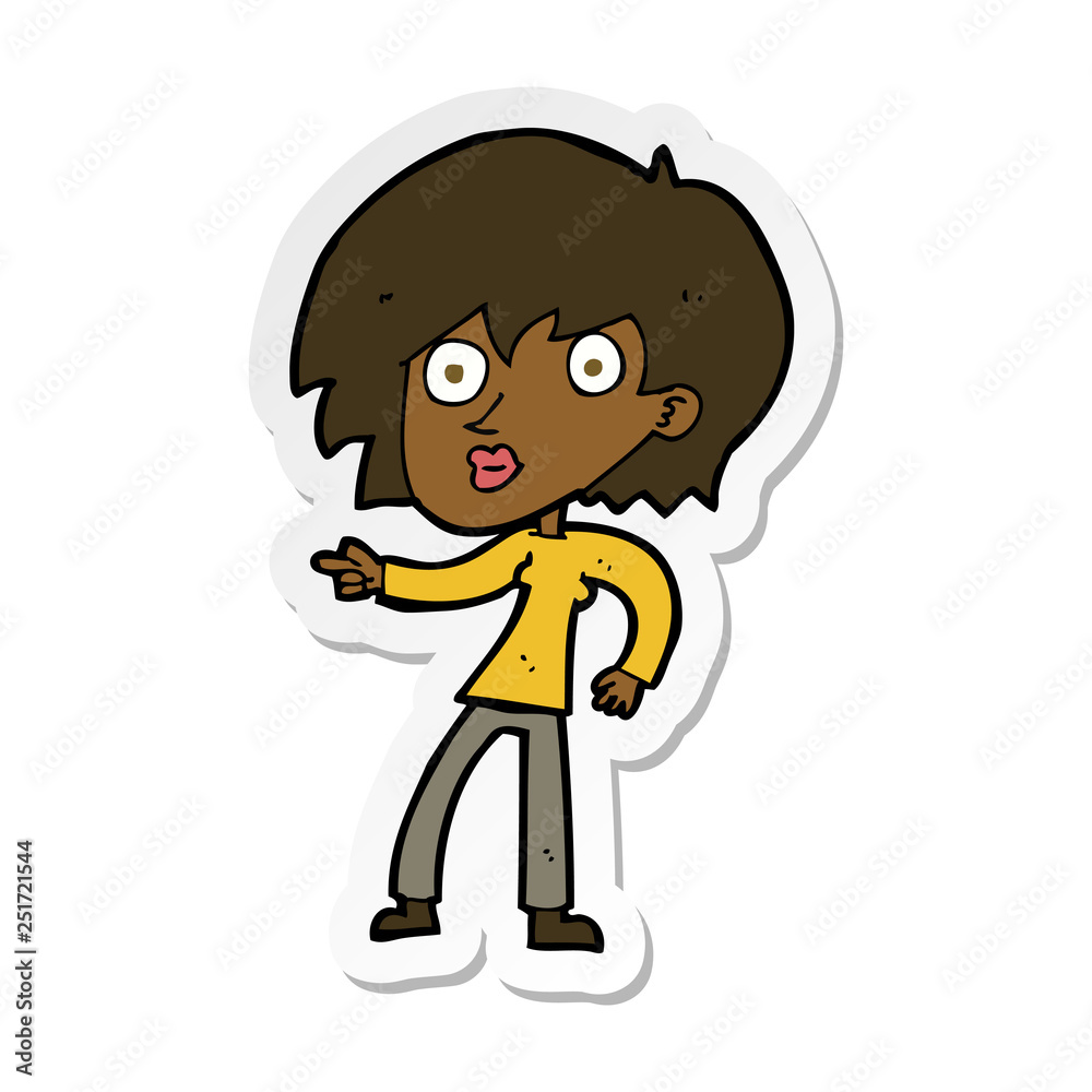 sticker of a cartoon surprised woman pointing