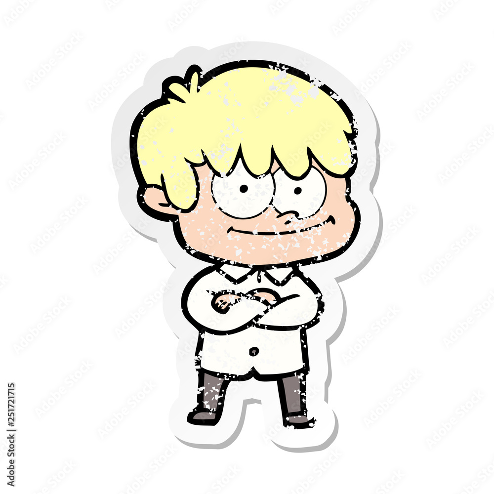 distressed sticker of a happy cartoon man distressed sticker of a happy cartoon man