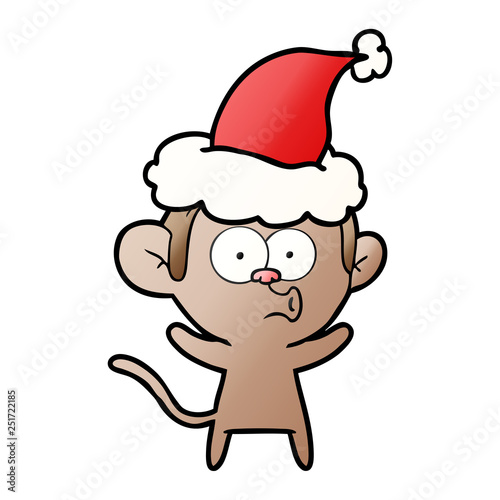 gradient cartoon of a surprised monkey wearing santa hat © lineartestpilot