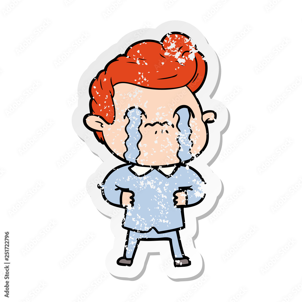 distressed sticker of a cartoon man crying