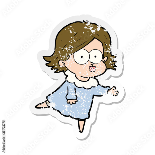 distressed sticker of a cartoon girl pouting