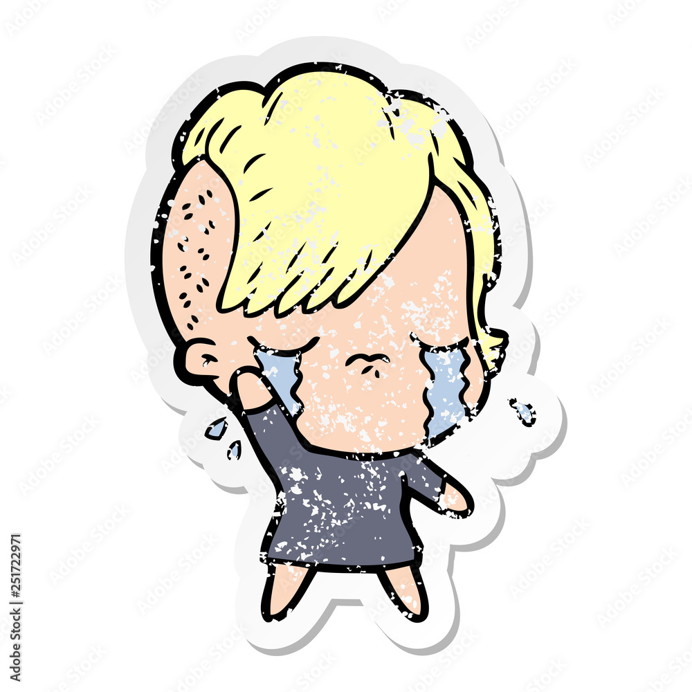 distressed sticker of a cartoon crying girl waving