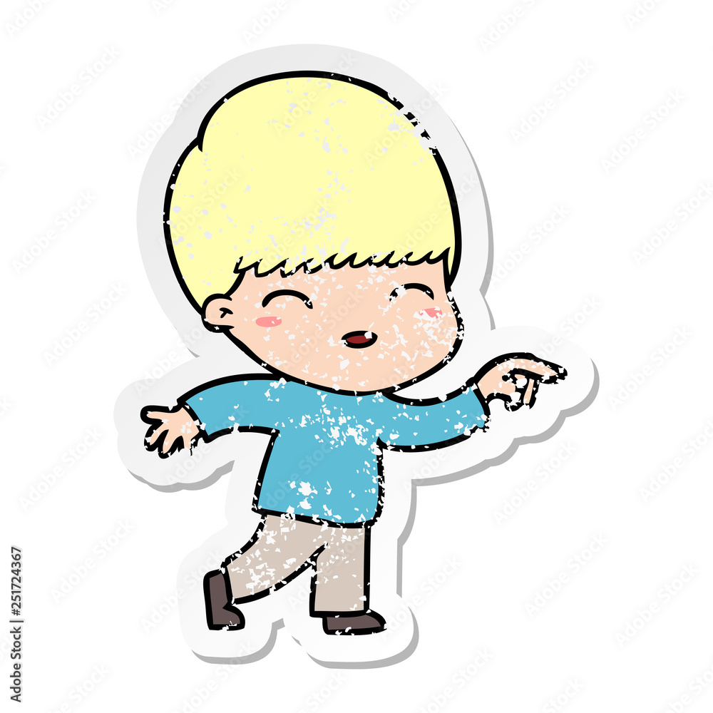 distressed sticker of a happy cartoon boy distressed sticker of a happy cartoon boy