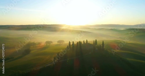 Aerial nature landscape beautiful hills forests fields and vineyards of Tuscany, Italy.