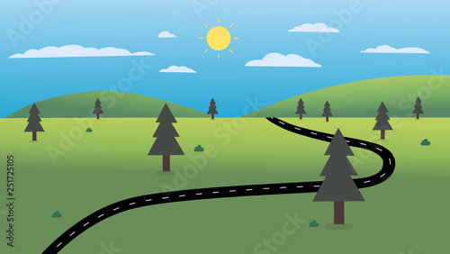 Country Road with nature landscape and sky background vector illustration.Beautiful nature scene design.Spring landscape with main street.Countryside on summer day.Beautiful nature landscape.