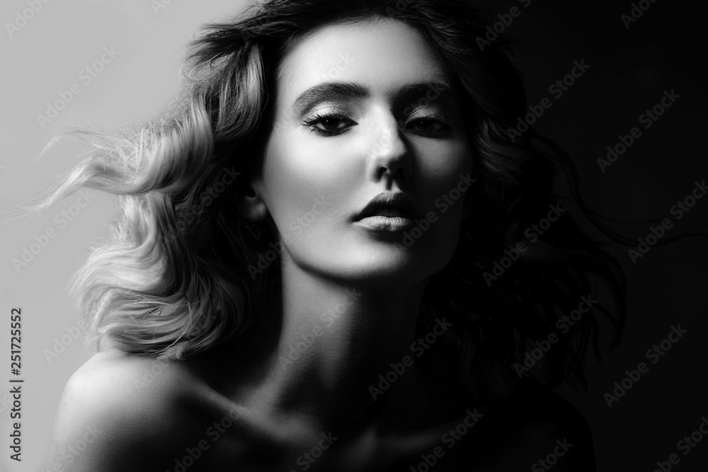 High contrast black and white portrait of a beautiful young girl ...
