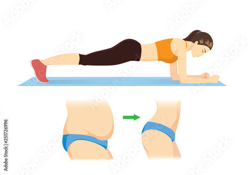 Woman reduce fat belly to slim with doing Plank exercise on blue mat. Illustration about workout for good shape.