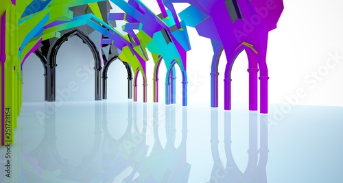 Abstract white and colored gradient gothic interior. 3D illustration and rendering.